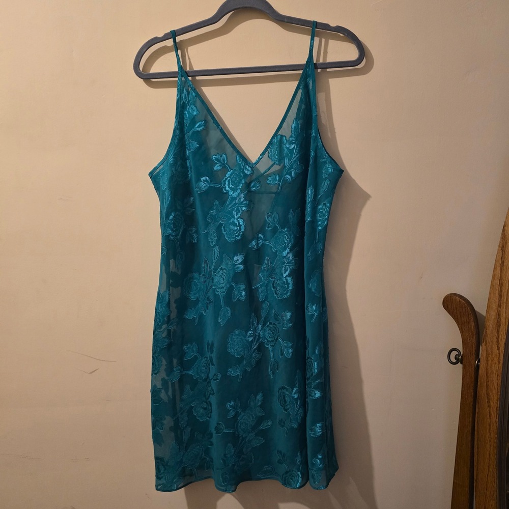 California Dynasty Vintage Teal Floral Embroidered Sheer Mesh Chemise Large